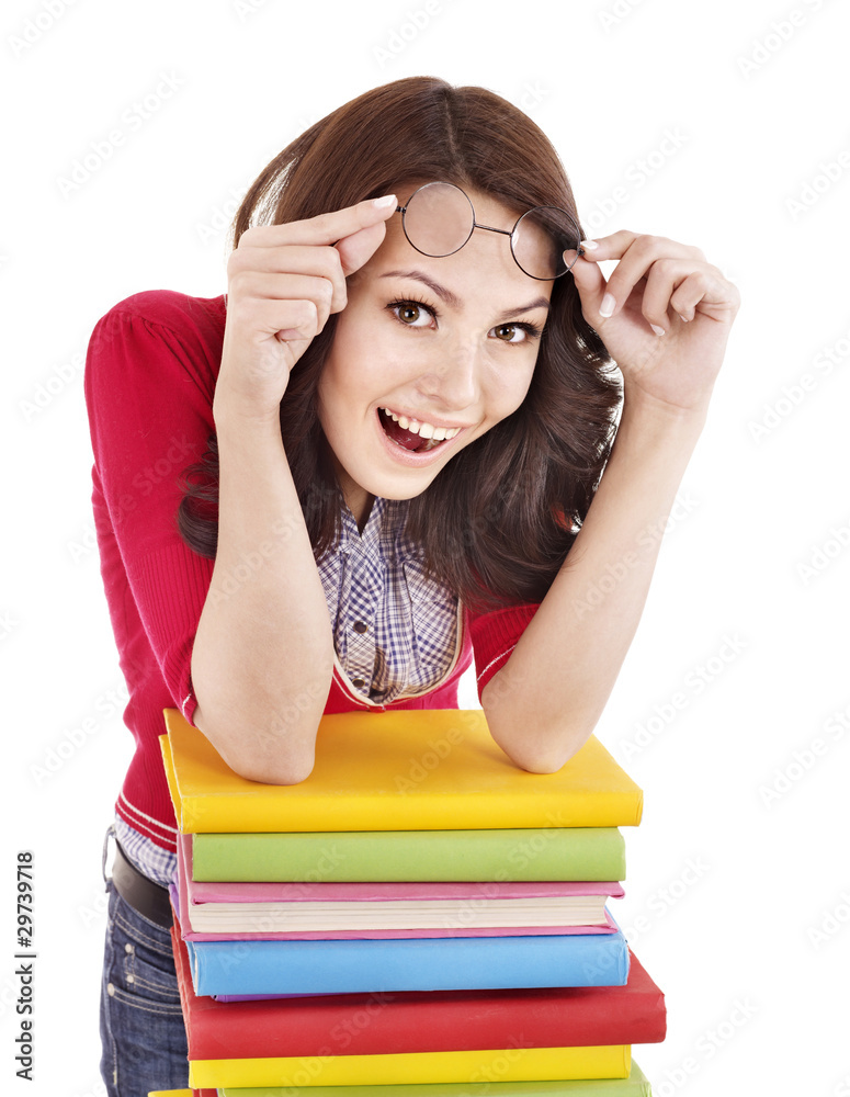 Girl in glasses with pile book . Isolated. Girl in glasses with pile book . Isolated.