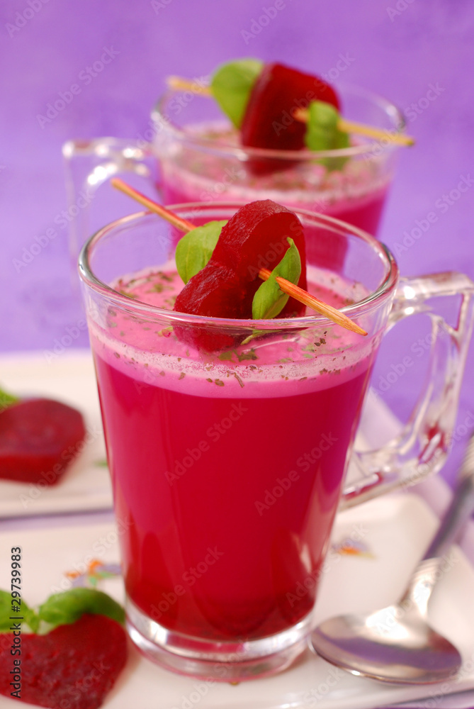 beet soup with cream in glass beet soup with cream in glass