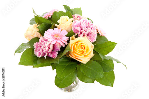 bouquet of beautiful flowers in vase over white background