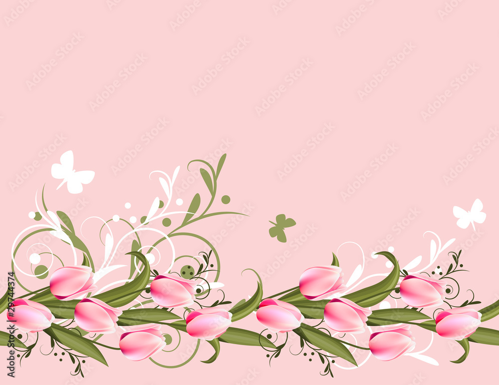 Horizontal pink spring background with tulips and flourishes