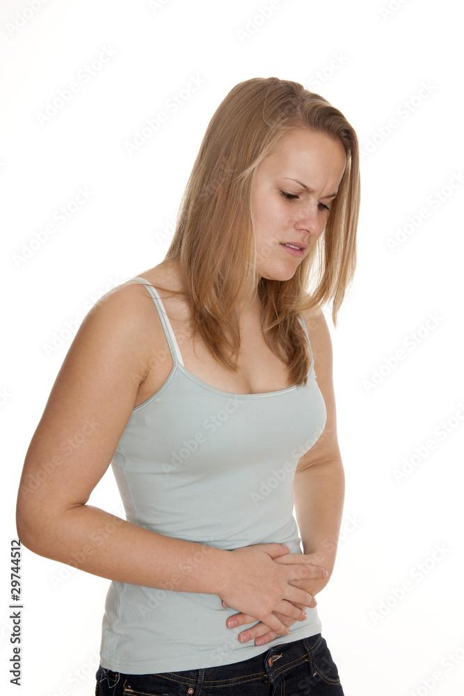 Blonde Frau hat Bauchschmerzen, Regelschmerzen