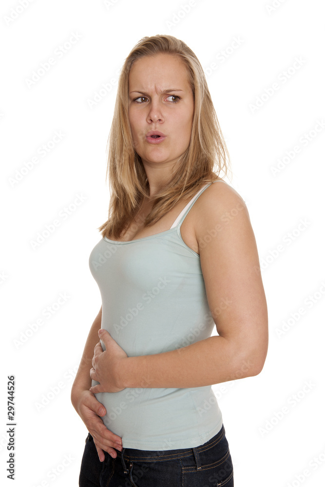 Blonde Frau hat Bauchschmerzen, Regelschmerzen Blonde Frau hat Bauchschmerzen, Regelschmerzen