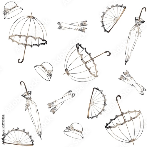 Illustration of vintage umbrella, hat, fan, glove.