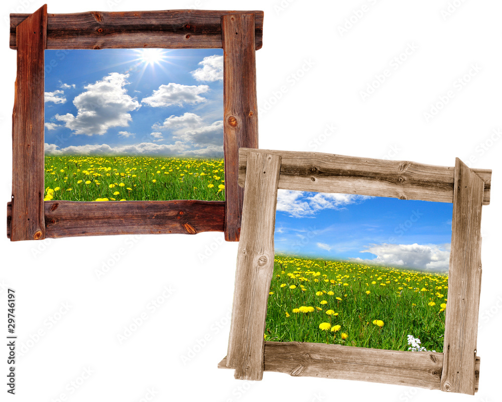 Wiese alter Holz Rahmen Landschaft Himmel Wiese alter Holz Rahmen Landschaft Himmel
