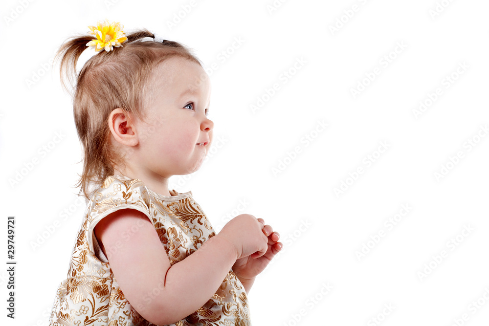 little beautiful girl looks up isolated on white little beautiful girl looks up isolated on white