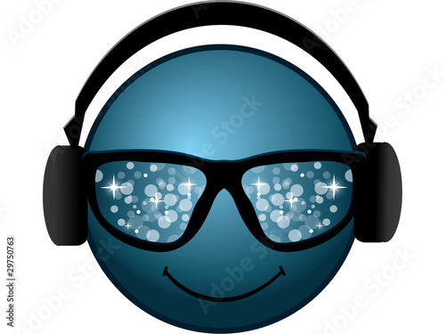 smiling blue smiley with glasses and headphones