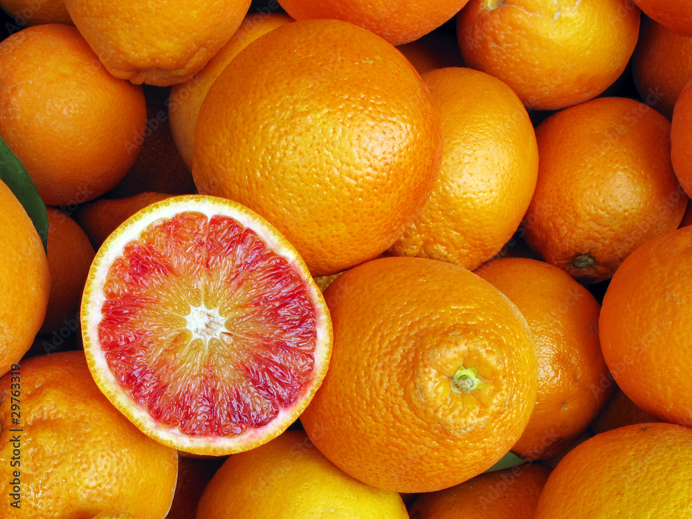 Fresh blood red oranges in market Fresh blood red oranges in market