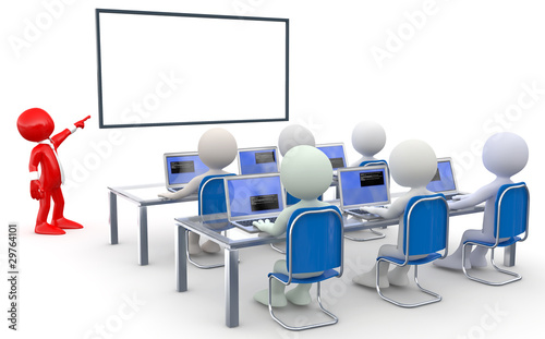 Teacher lecturing to several students, with notebooks