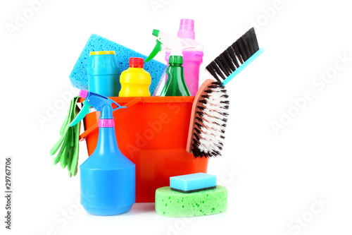 bucket with cleaning supplies isolated on white background