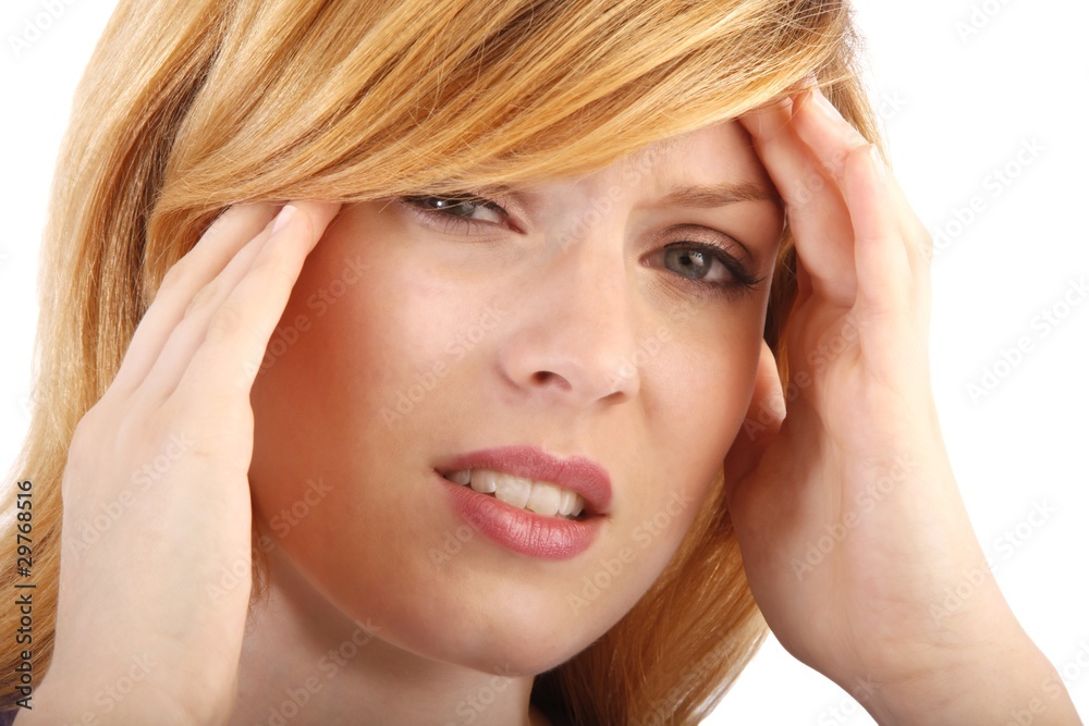 woman with migraine headache (white background) woman with migraine headache (white background)