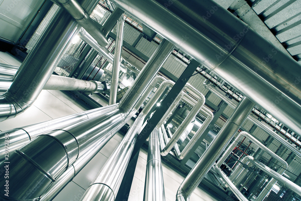 Obraz premium Industrial zone, Steel pipelines in blue tones