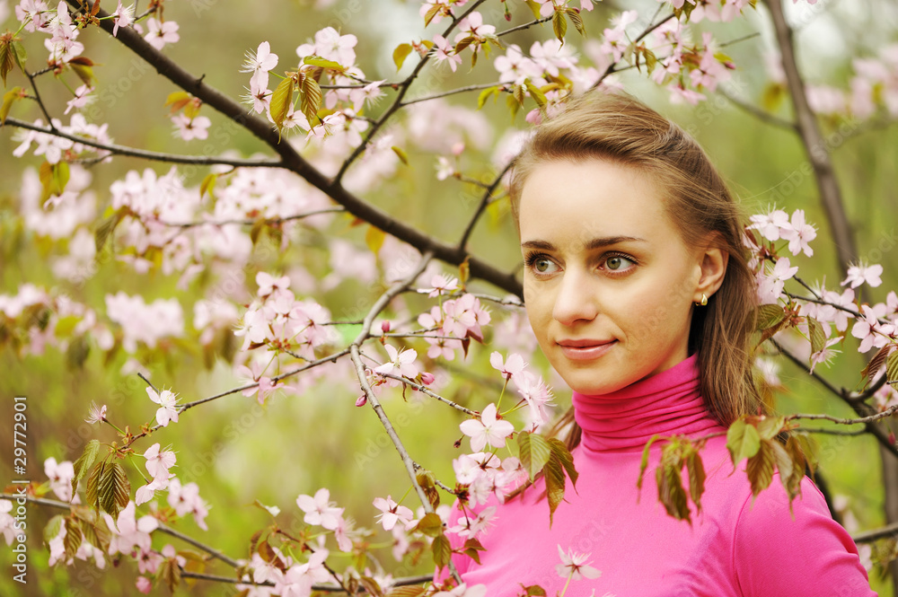 Woman in front of sakura blossoms