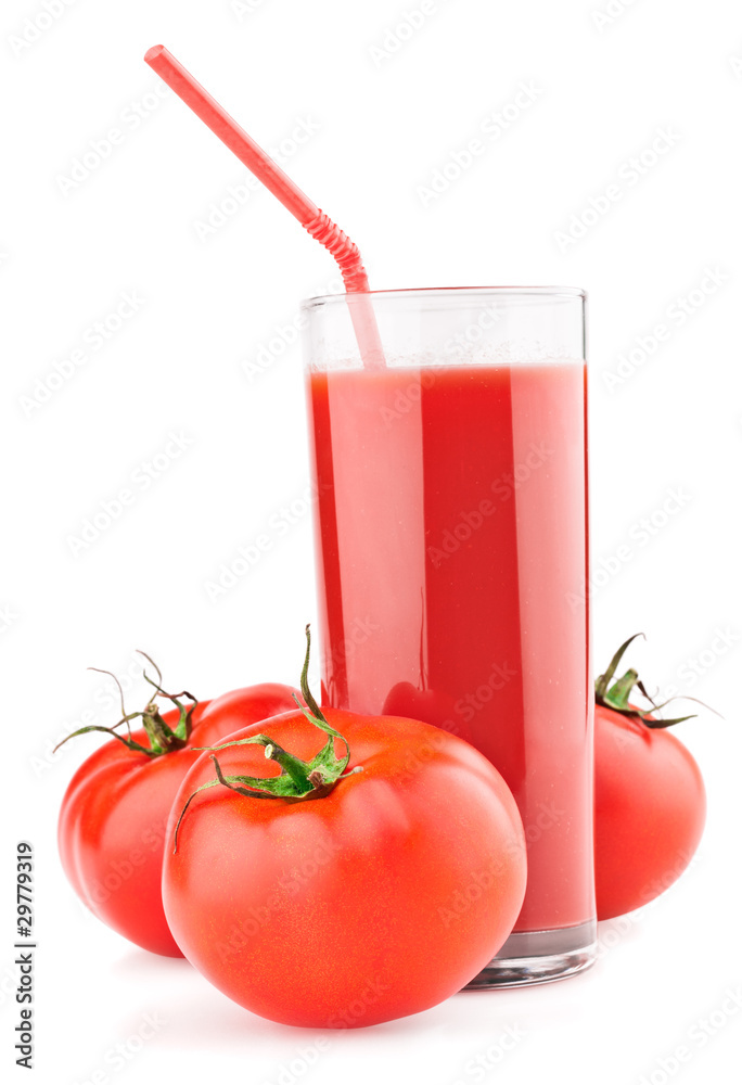 Glass of fresh tomato juice with straw and tomatoes isolated Glass of fresh tomato juice with straw and tomatoes isolated