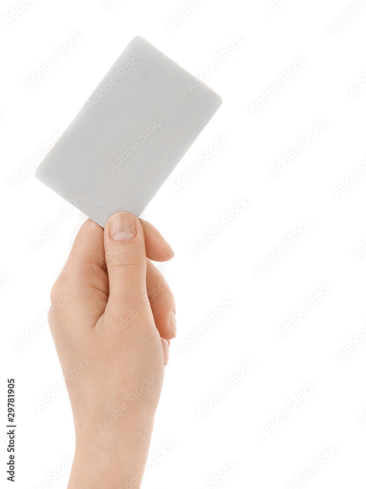 Business card in female hand. Studio isolated. Business card in female hand. Studio isolated.