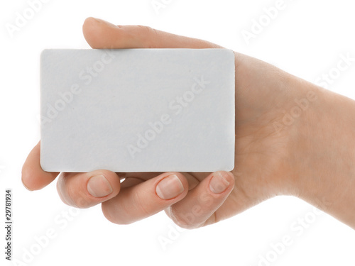 isolated empty business card in a woman's hand