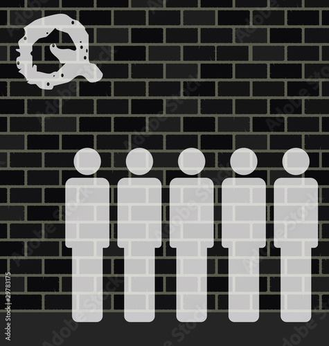 Q graffiti on wall with people queuing