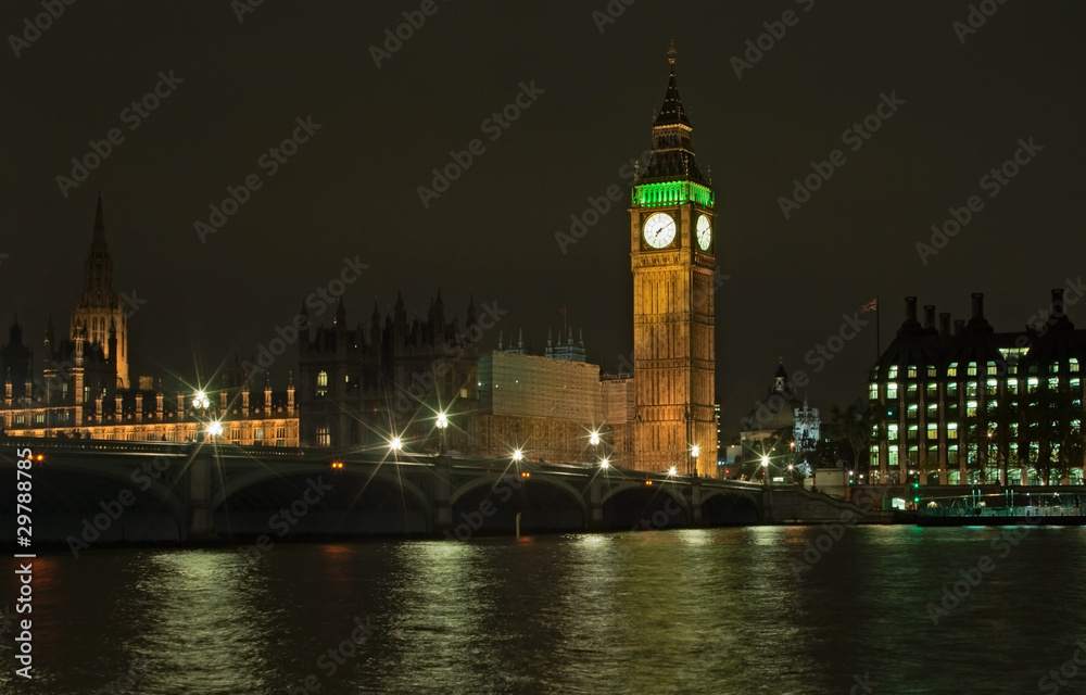 Night view of Big Ben and Thames river, London