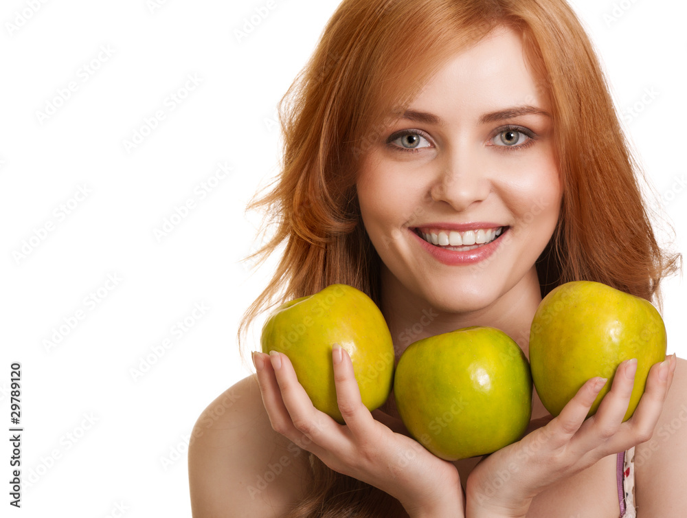 Young happy smiling woman with three green apple isolated on whi Young happy smiling woman with three green apple isolated on whi