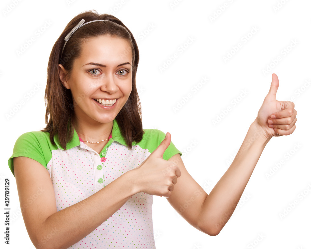 portrait of attractive girl showing thumbs up sign over on white portrait of attractive girl showing thumbs up sign over on white