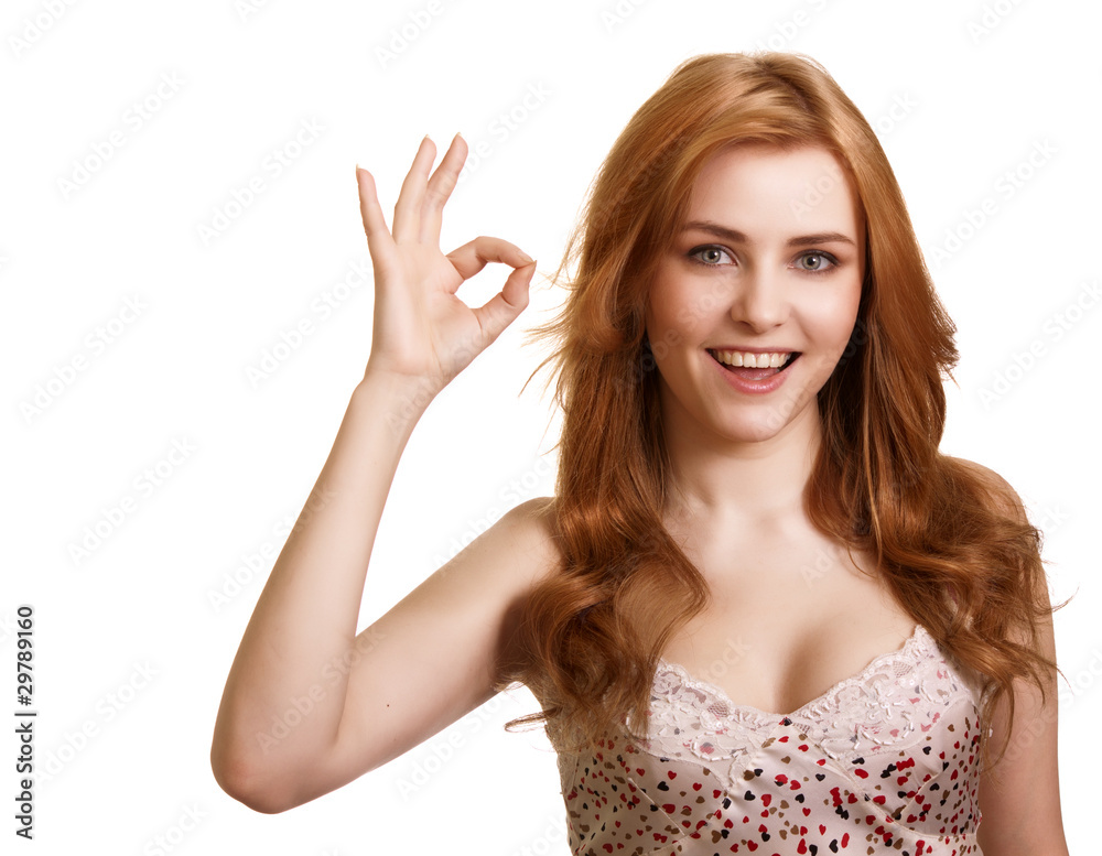 portrait of attractive girl showing okay symbol over on white ba portrait of attractive girl showing okay symbol over on white ba