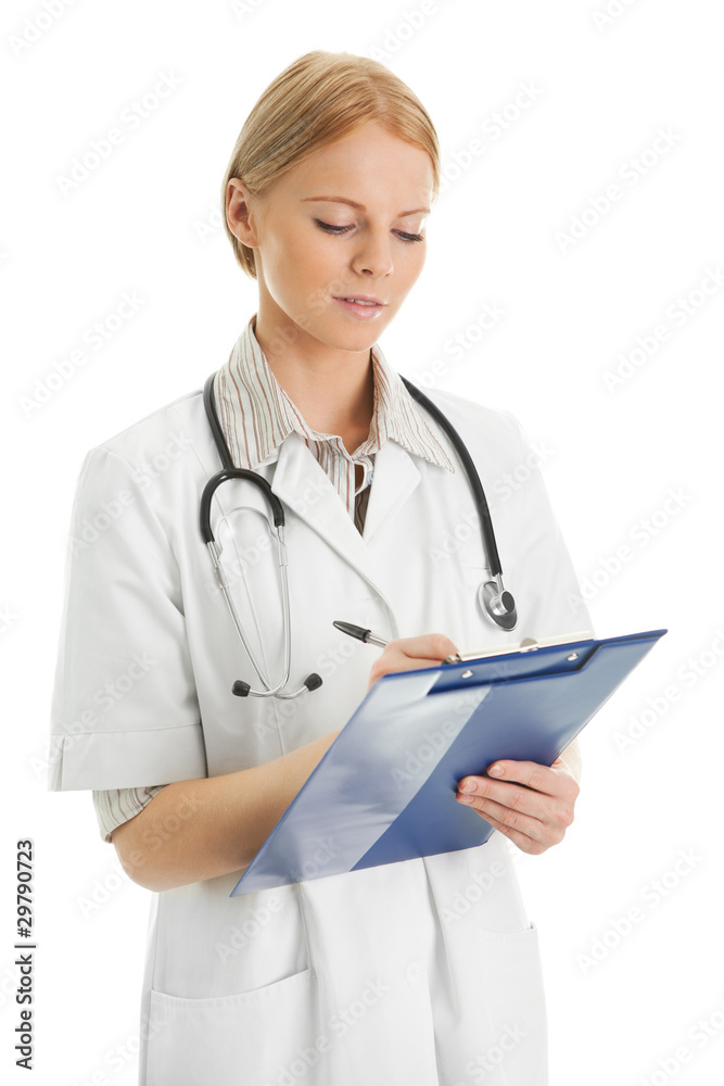 Confident medical doctor woman taking notes Confident medical doctor woman taking notes