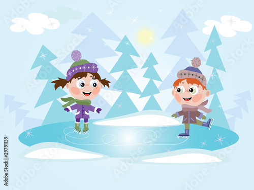 Winter: Ice skating little girl and boy