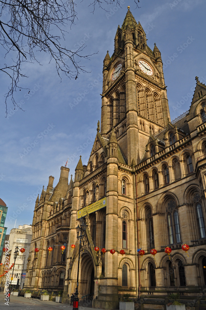 A view of the imposing Gothic Manchester Town Hall In St Peter’s Square with a background of blue sky in Manchester The UK