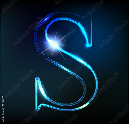 Glowing neon letter on dark background. Letter
