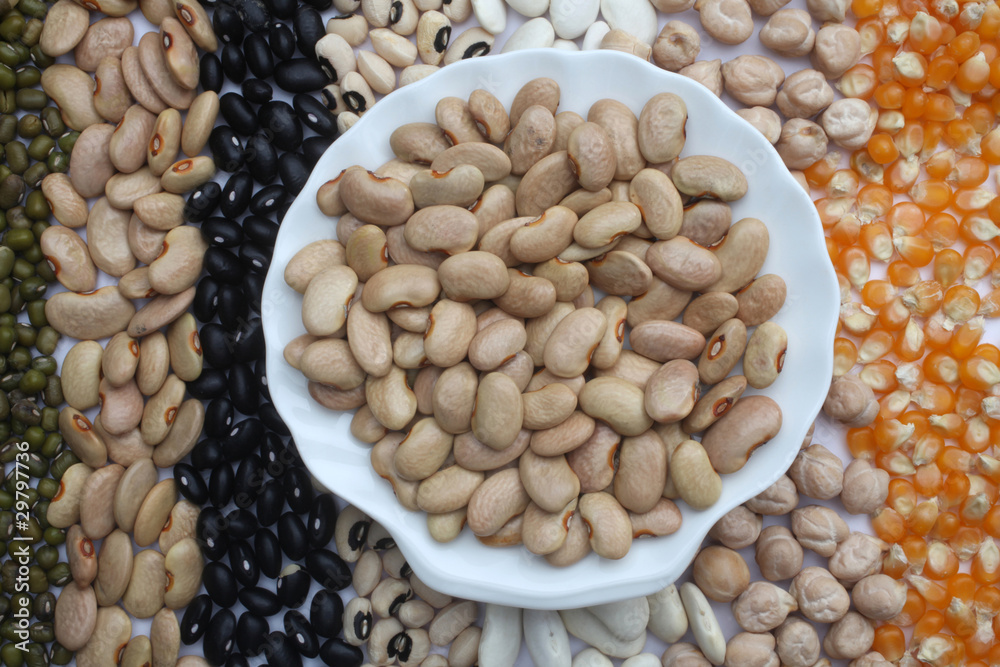 Fototapeta premium Ceramic plate with brown beans over seeds and grains background