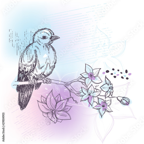 Bird and jasmin branch spring pastel