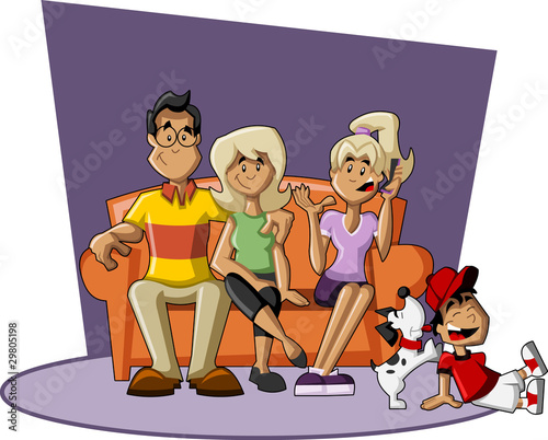 A happy cartoon family with kids on the couch