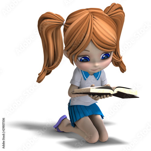 cute little cartoon school girl reads a book. 3D rendering with photo