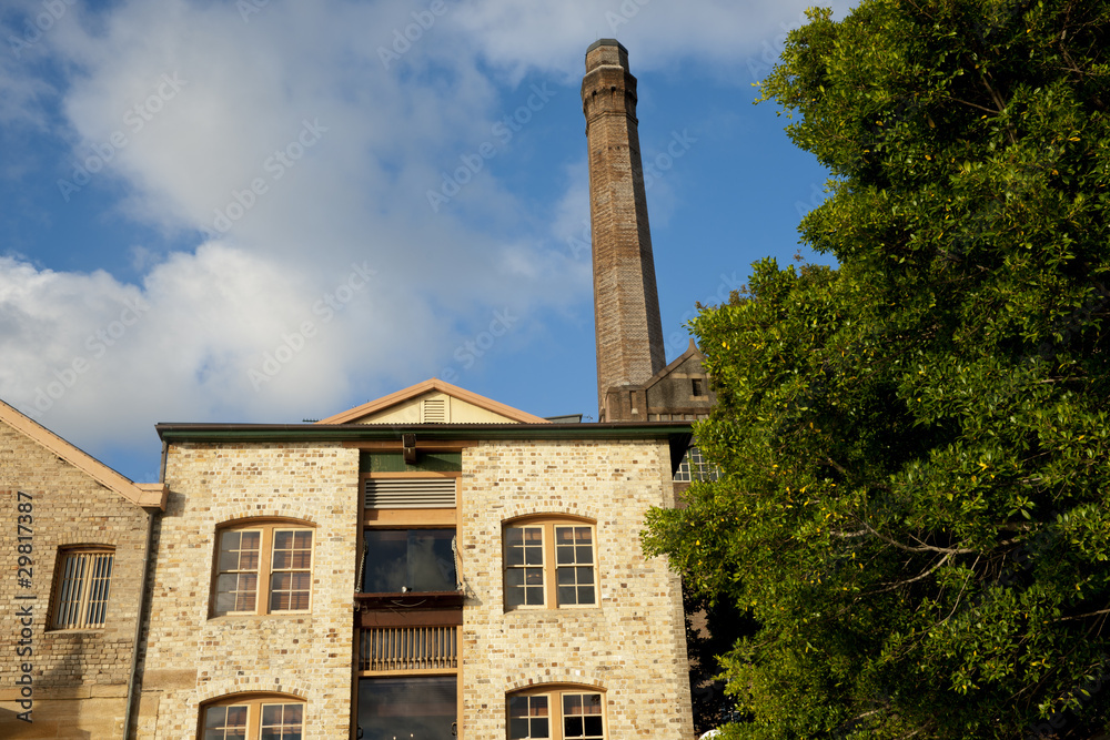 Fototapeta premium Historic buildings and smoke stack, The Rocks, Sydney