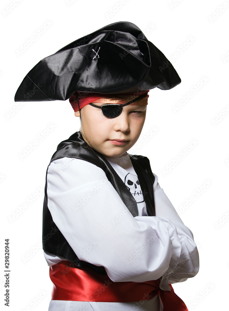 The little boy is dressed in a suit of the pirate. The little boy is dressed in a suit of the pirate.