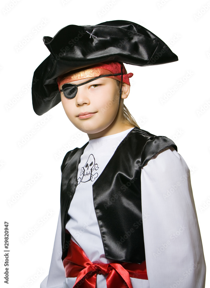 The little boy is dressed in a suit of the pirate. The little boy is dressed in a suit of the pirate.