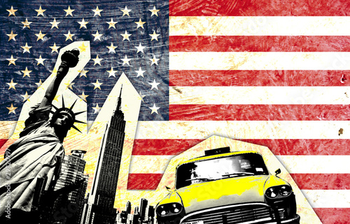 Fototapeta amerykańską flagę z żółtą taksówką wolności statua