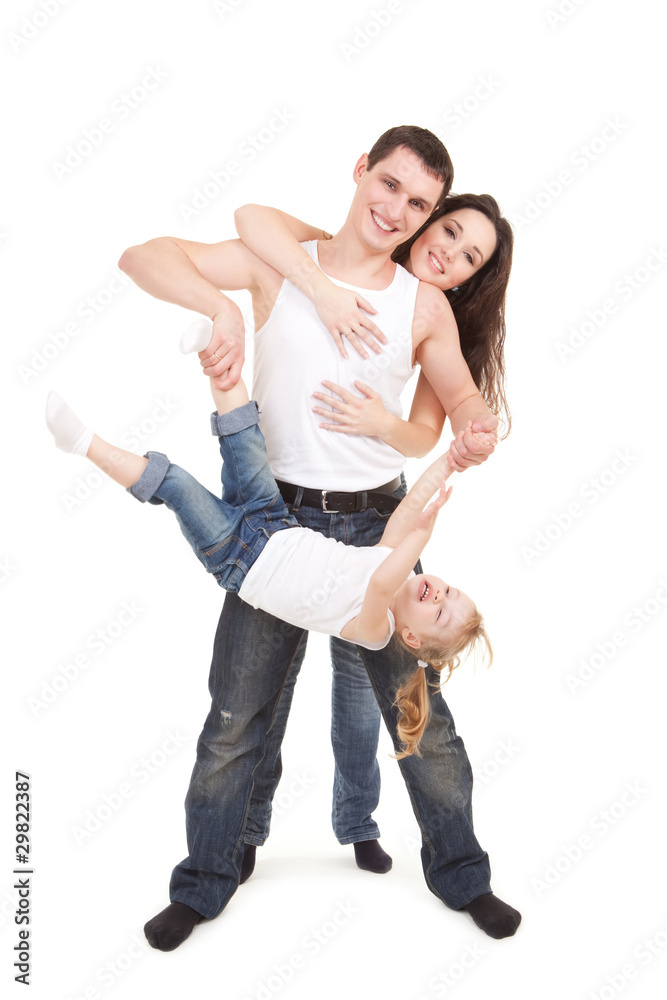 Happy mother, father and daughter playing on the white backgroun