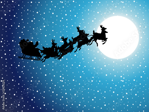Silhouette Illustration of Flying Santa and Christmas Reindeer