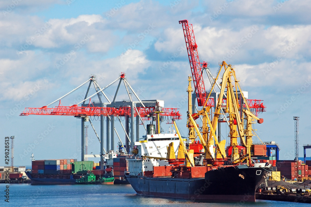 Container stacks and ship under crane bridge