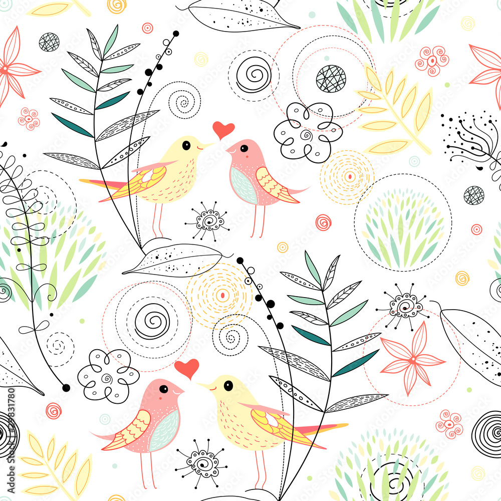 Seamless floral pattern with birds in love