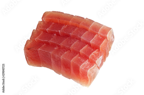 Slices of raw bluefin tuna used in sashimi isolated on white