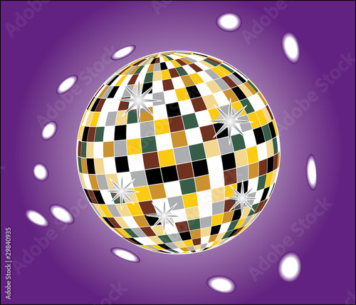 Colorful mirror disco ball over a violet background, 3D