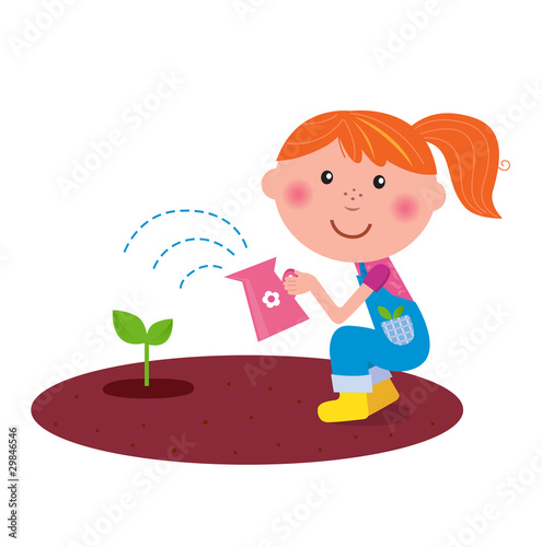 Small gardener girl watering plant in the garden. VECTOR