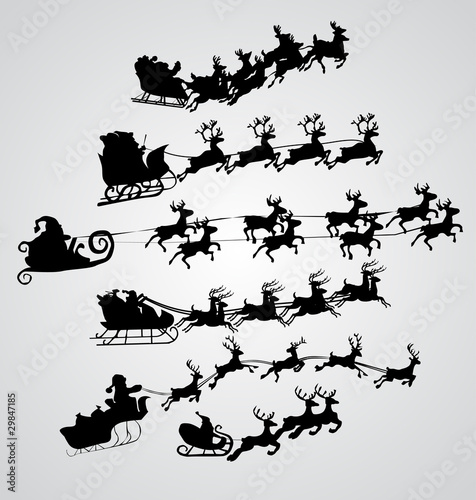 Silhouette Illustration of Flying Santa and Christmas Reindeer