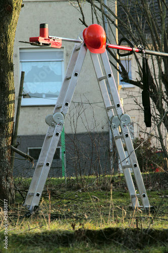 Arbeit im Garten mit  kompakten elektrischen Saege photo