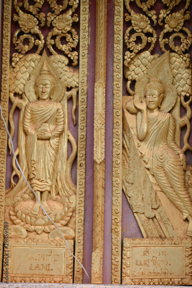 Temple door in Vientaine, Laos.