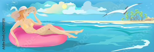 Girl swimming in buoy, summer banner. © tatianat