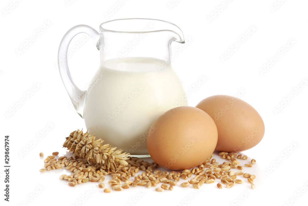 Fresh milk, wheat seeds and two eggs Fresh milk, wheat seeds and two eggs