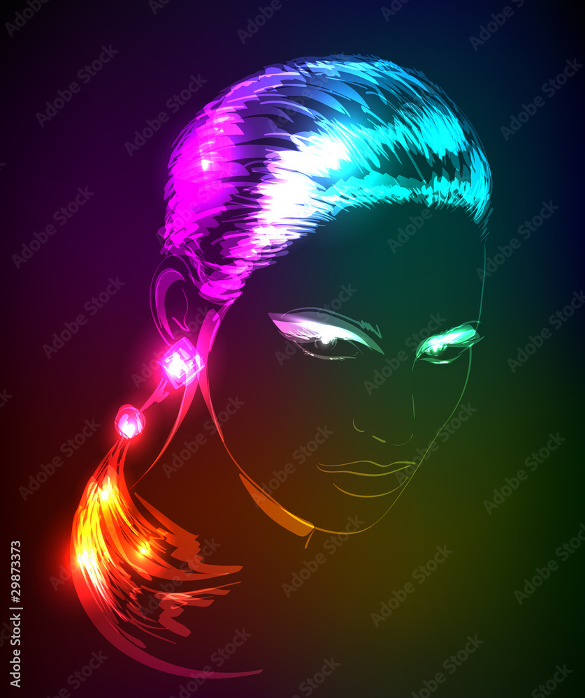 Hand-drawn fashion model from a neon. Vector illustration. A lig Hand-drawn fashion model from a neon. Vector illustration. A lig