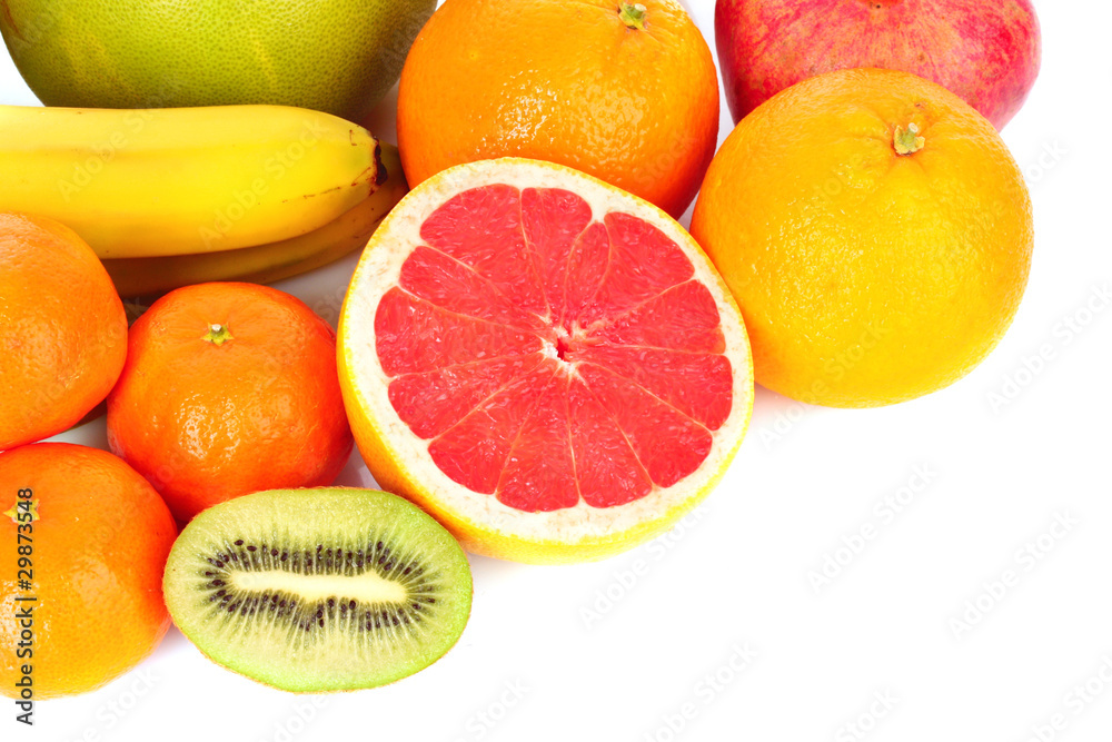 Pomegranate, mandarin, banana, , orange, kiwi, grapefruit and a Pomegranate, mandarin, banana, , orange, kiwi, grapefruit and a